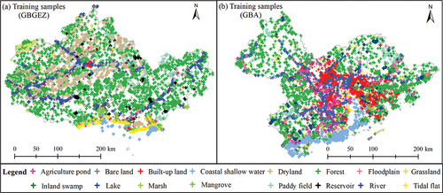 Figure 4. Spatial distribution of training sample points in the GBGEZ (a) and GBA (b).