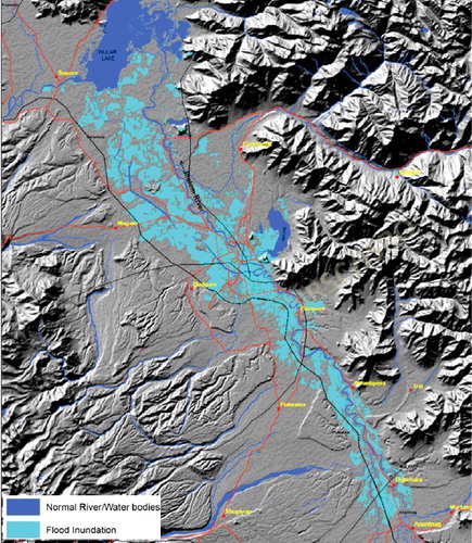 Figure 7. Cumulative flood inundation spatial extent (cyan colour) observed in Kashmir Valley between 8 and 25 September 2014.