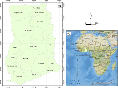 Figure 2. Spatial representation of case study country, (a) Map of Ghana with regional boundaries, (b) Geographical location of Ghana.