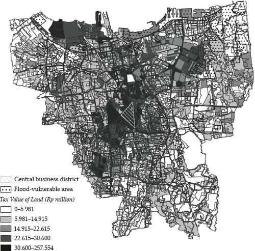 FIGURE 2 Land Tax Values and Flood-Vulnerable Areas in Jakarta, 2016Source: BPN and BPBD DKI Jakarta.Note: Tax values represent the estimated average tax value per square metre as determined and collected by the BPN when a party buys or sells a plot of land. The tax value is in Indonesian rupiah (million), where $1 dollar is equivalent to about Rp 14.08. For instance, the mean tax value of land in Jakarta’s wealthiest subdistrict, Menteng, is estimated to be $2,904 per square metre; converting this using the purchasing-power parity gives $10,113 per square metre (OECD 2019). Flood-vulnerable areas are defined based on information provided by the villages about flooding. The online appendix contains a colour map (figure A1) that more clearly outlines Jakarta’s flood-vulnerable areas and shows its slum areas.