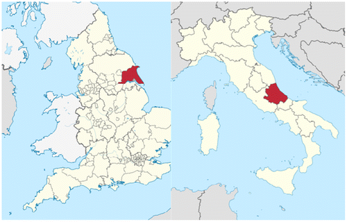 Figure 1. Map showing East Yorkshire (left) and Abruzzo (right).Source: Wikimedia commons.