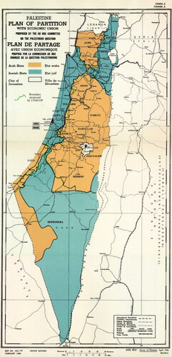 Map 1. Map of UN Partition Plan for Palestine, adopted 29 Nov 1947, with boundary of previous UNSCOP partition plan added in green; https://upload.wikimedia.org/wikipedia/commons/b/bd/UN_Palestine_Partition_Versions_1947.jpg (retrieved 23 January 2023).