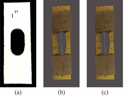 Figure 2. (a) Mounting tab, (b) sample of gage length 1”, and (c) mounting tab after cutoff.