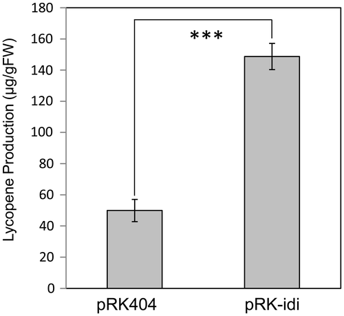 Figure 7. Lycopene contents of the recombinant E. coli that carried pACCRT-EIB plus pRK404 or pRK-idi. Results are the mean ± SD of the three experiments. ***; p < 0.01.