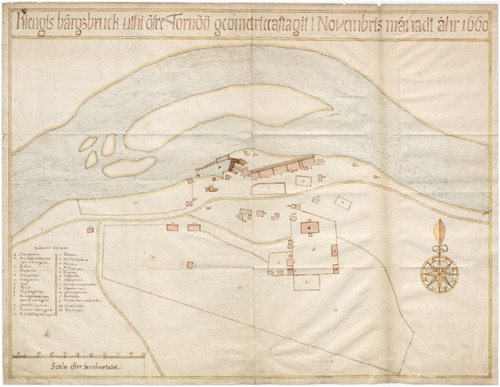 Figure 7. Map of the Kengis works 1660, “Kiengis bärgsbruck uti öfre Tornöö”. Photo courtesy of the National Archive, Stockholm, collection of mine maps.