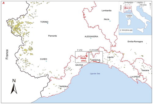 Figure 1. Distribution of mountain slope deformations (DsGSDs) in the south-western segment of the alpine chain (from IFFI database; https://www.progettoiffi.isprambiente.it/) and location of the geological sheets Spigno and Genova.