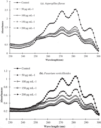 Figure 2. Inhibitory effect of p-Coumaric acid on the synthesis of ergosterol from A. flavus (a) and F. verticillioides (b).