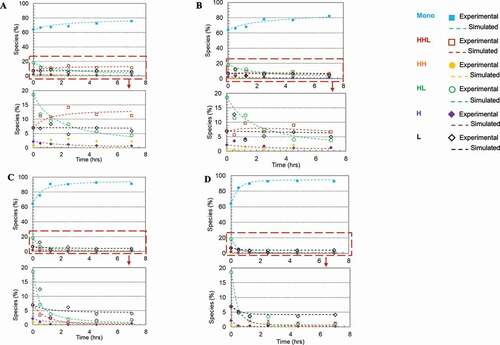 Figure 4. Plots of disulfide formation for an IgG1 antibody (dots denoted the experimental data and the lines represented the kinetic model simulated results). (a) In free solution without redox; (b) On Protein A resin without redox; (c) In free solution with redox pair (1 mM cysteine and 0.3 mM cystine); (d) On Protein A resin with redox pair (1 mM cysteine and 0.3 mM cystine). Each plot included six kinetic profiles, representing all six elementary reactions in the kinetic model (Scheme 1). Mono: intact mAb, L: light chain, H: heavy chain, HH: heavy-heavy fragment, HL: halfmer, HHL: heavy-heavy-light fragment.