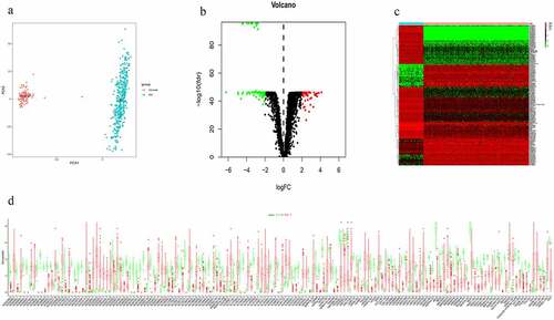 Figure 1. Identification of differentially expressed lncRNAs (DElncRNAs) for constructing the risk signature for OC. (a) Principal components analysis of lncRNAs between OC and normal ovarian tissue. (b) Volcano plot shows the distribution of DElncRNAs. Red and green dots represent the up-regulated and down-regulated DElncRNAs with | log2(fold-change) | ≥ 2, respectively (c) Heatmap exhibits the expression levels of the DElncRNAs. (d) Boxplot shows the detail of DElncRNAs. Red and green boxes indicate the lncRNA expression in OC and in normal ovarian tissue, respectively