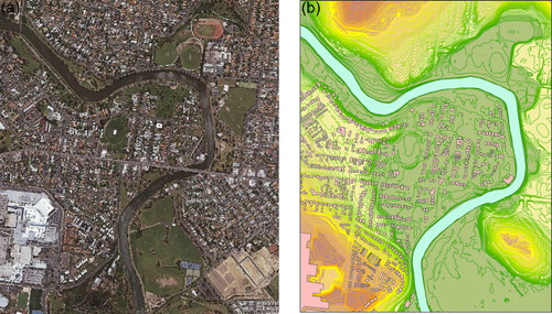 Figure 4. Case study area: (a) Aerial imagery of the study area; (b) elevation and buildings in the area.