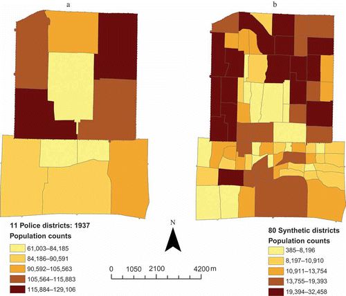 Figure 9. Population counts of 11 police districts (a) and 80 synthetic districts (b), 1937, using quantile classification method.