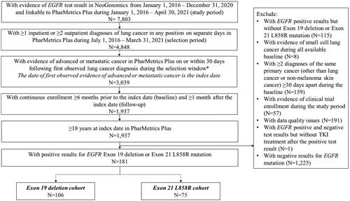 Figure 1. Patient selection for common EGFR mutation cohorts (exon19del and L858R). *Advanced or metastatic cancer was defined as evidence of ≥1 antineoplastic therapy or ≥1 diagnosis code for metastatic cancer in any position. Abbreviations. EGFR, epidermal growth factor receptor; TKI, tyrosine kinase inhibitor.