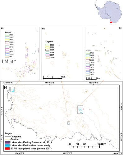 Figure 10. Distribution of melt lakes in the Transantarctic Mountains and environs (Region H). Significant variations in the terrain made detecting lakes difficult in this region.