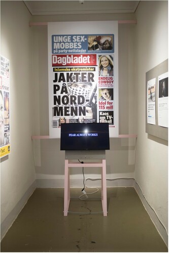 Figure 4. Detail from the room “FEAR.” The front page reads “Islamic extremists are hunting Norwegians”. Photo: Martine Scheen Jahnsen.