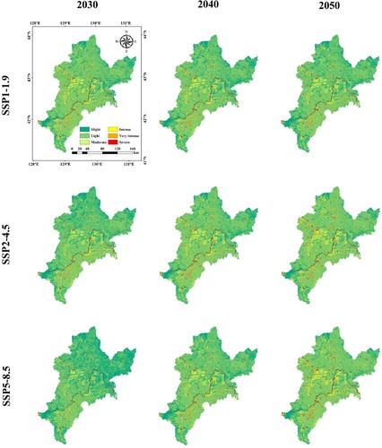 Figure 6. Spatial patterns of soil erosion at different levels under the three climate change scenarios.