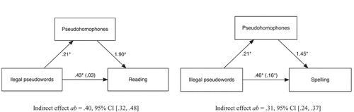 Figure 2. Mediation effect of pseudohomophones (illegal word-specific orthographic knowledge) in the relationship between illegal pseudowords (illegal general orthographic knowledge) and reading or spelling.
