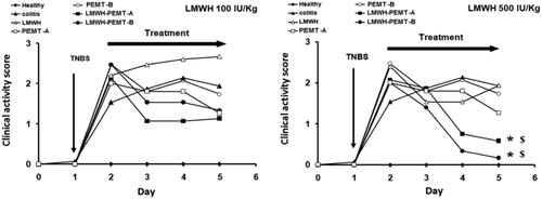 Figure 4. Clinical activity score (CAS) of mice. After colitis induction, the animals were treated for 3 days with rectal injection of blank and LMWH-loaded NP. The drug and LMWH-NP dose were equal to 100 IU/kg (left), or 500 IU/kg (Right). The free drug showed no significant improvement while treatment with LMWH-NP (500 IU/kg) has significantly improved the CAS of colitis mice. n = 5, * = p < 0.05 compared with colitis control group given saline. $=p < 0.05 compared with colitis groups given LMWH (500 IU/kg).