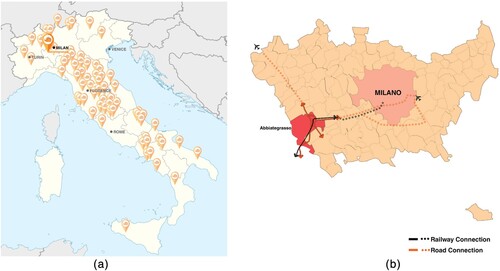 Figure 1. (a) Cittaslow network of Italy, (b) location of Abbiategrasso.Source: Salieva Citation2016.