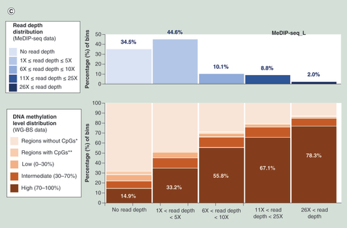 Figure 3.  Correlation between DNA methylation levels and read depth of MeDIP-BS and MeDIP-seq. (A) Read depth distribution for each method in whole-genome bins or CpG site-containing bins. DNA methylation level distribution of WG-BS according to the read depth distribution of MeDIP-BS (B) and MeDIP-seq (C) in the L dataset.*Regions (without CpGs) covered by WG-BS reads, but not by MeDIP-seq or MeDIP-BS reads.**Regions (with CpGs) covered by WG-BS reads, but not by MeDIP-seq or MeDIP-BS reads.