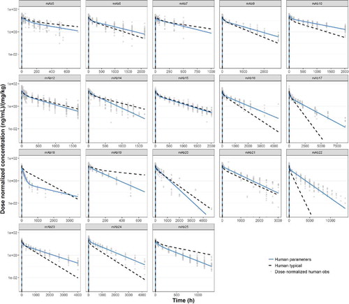 Predicted human PK profiles using ‘typical’ human popPK parameter estimates ( Display full size ), compared with observed (individual) dose normalized human PK data (symbols) and profiles from fitting human data for individual mAbs ( Display full size ).