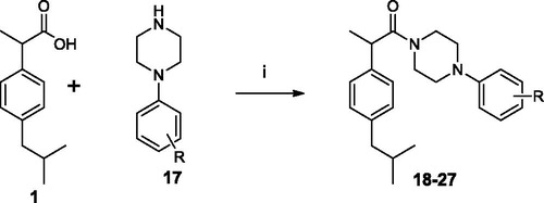 Scheme 2. Synthesis of Ibuprofen amides 18–27. (i) EDC, OH-Bt, MeCN, r.t. 12 h.