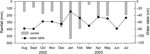 Figure 1  Monthly rainfall and water table at the oil palm plantation.
