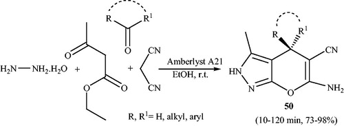 Scheme 73. Synthesis of 6-amino-4-alkyl/aryl-3-methyl-2,4-dihydropyrano[2,3-c]pyrazole-carbonitriles using Amberlyst A21.