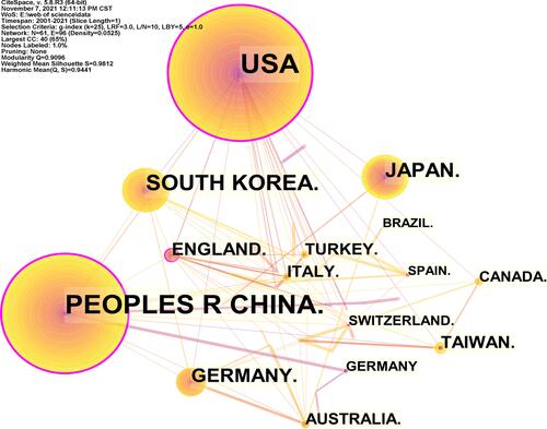 Figure 5 Co-country map related to fMRI studies on acupuncture analgesia.