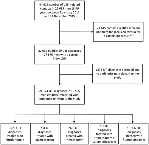 Figure 2. Flow chart of the inclusion process. *UTI: Urinary tract infection. **Inclusion criteria: Inclusion criteria were age 18–79 (<80) years, an index visit to primary health care or hospital combined with a defined diagnosis of lower UTI, and a prescription of UTI antibiotics on the day of visit or within five days from the consultation.