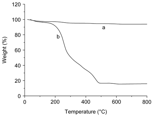 Figure 5.  TGA curves of the prepared magnetite nanoparticles (a) and magnetite chitosan–MTX microspheres (b).