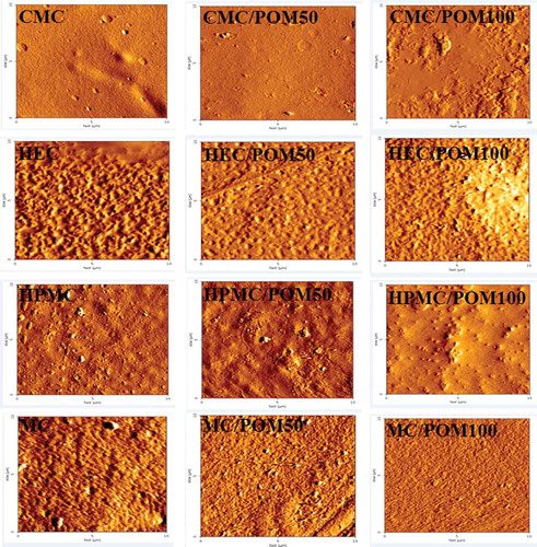 Figure 2. Atomic force microscopy images of carboxymethylcellulose (CMC), hydroxyethylcellulose (HEC), hydroxypropylmethylcellulose (HPMC), and methylcellulose (MC) film incorporated with ethanol extract of pomegranate seed. Cellulose films showed smooth, homogeneous or irregular surface while POM induced changes in the surface topography of the films by increasing or decreasing surface roughness.