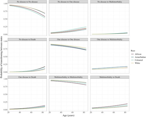 Figure A1 Males: probabilities of remaining in the same origin disease state or transitioning to a subsequent disease state or death over time, by raceSource: Authors’ analysis of data from South African National Income Dynamics Study (2008–17).