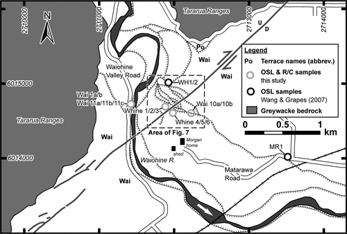 Figure 5  Overview map of Waiohine River terraces. Wairarapa Fault trace is bold line. Unit ‘Wai’ depicts post- Last Glacial Maximum Waiohine aggradation surface. Unit ‘Po’ depicts older Porewan aggradation surface. Coordinates are in New Zealand Map Grid (NZMG).