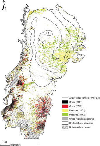 Figure 2. Land-use classifications for years 2001 and 2012 in the Dry Chaco. The areas classified as crops and pastures during 2001 and 2012, as well as the areas that changed from pastures (2001) to crops (2012), are indicated. Areas changing from croplands (2001) to pastures (2012) were not observed. The areas not considered in the analysis corresponded to water bodies, frequently flooded areas and high-slope terrains.