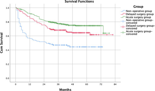 Figure 2 Kaplan–Meier survival curves for elderly patients with intertrochanteric fractures. The Kaplan–Meier survival curve of patients without surgery was significantly lower than that of surgical patients (p<0.001, log-rank). Within 1 year after injury, patients treated nonoperatively had a risk of death at 1 month that was 3.2-times as high, a risk of death at 3 months that was 6.6-times as high, a risk of death at 6 months that was 8.2-times as high, a risk of death at 9 months that was 5.3-times as high, and a risk of death at 12 months that was 4.2-times as high as the risk compared with the patients who received operations. Higher mortality was also obtained in patients with surgical delay than acute surgery patients (p=0.001, log-rank).