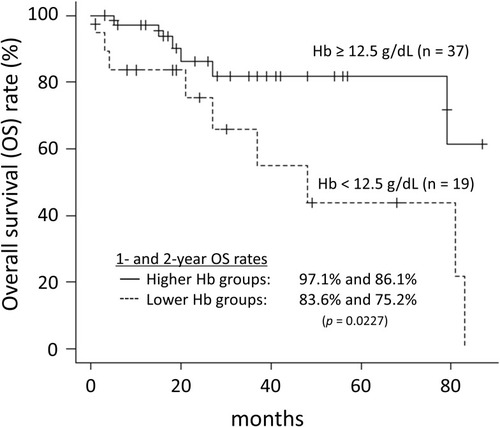 Figure 2 Overall survival rates of male patients for high and low hemoglobin groups.