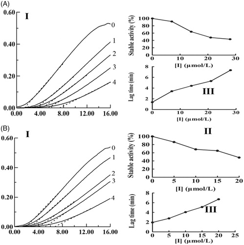 Figure 1. Effects of KADs on the monophenolase activities of tyrosinase. A and B represent KAD1 and KAD2, respectively. (I) Progress curves for the oxidation of l-Tyr by the enzyme. (II) Effects on the stable activity of l-Tyr by the enzyme. (III) Effects on the lag time of monophenolase activities of tyrosinase. The final concentrations of KAD1 for curves 0–4 were 0, 7, 14, 21 and 28 μM. The final concentrations of KAD2 for curves 0–4 were 0, 5, 10, 15 and 20 μM.