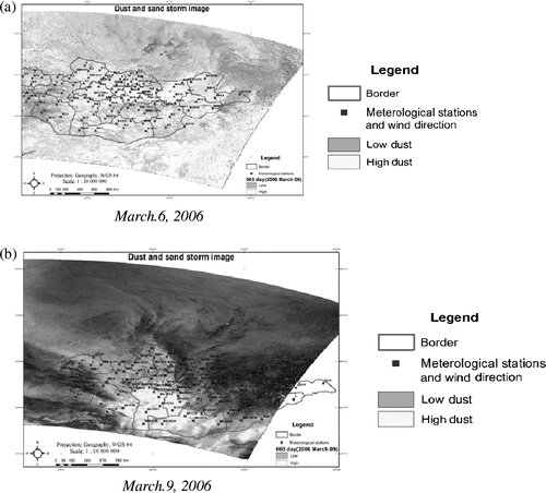 Figure 5.  Dust and sand storm images derived from BTDI approach by MODIS data.