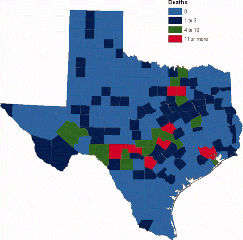 Figure 5. Map of motor vehicle-related flash flood fatalities by Texas county. Available in colour online.