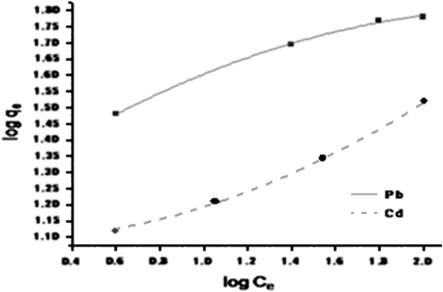 Fig. 7 Freundlich adsorption isotherms of Pb2+ and Cd2+ by CAS.