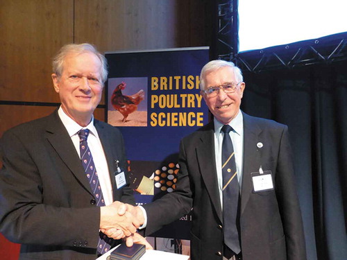 Figure 1. The Gordon Memorial Lecture given at the Annual Meeting of the WPSA UK Branch in Edinburgh on 10th April 2019. The Lecturer, Professor Paul Barrow (left), is seen receiving the commemoration medal from Professor Colin Whitehead (right) of the Gordon Memorial Trust at the conclusion of the lecture.