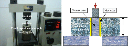 Figure 3 Test of shear force at cement–formation interface. (a) Modified compression tester and (b) schematic diagram of test.