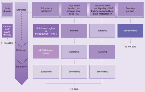 Figure 4. Proposed patient-based treatment algorithm of metastatic renal cell carcinoma.†For highly selected patients.‡Including the sequential use of several tyrosine kinase inhibitors, depending on tumor burden, disease pace and quality of life.PS: Performance status; VEGFR: VEGF receptor.