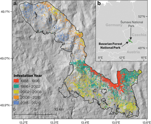 Figure 1. The Bavarian Forest National Park. a) Yearly bark-beetle-infested areas based on aerial imagery. b) the location of the Bavarian Forest National Park and the adjacent Šumava National Park in Central Europe.