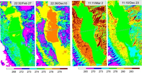 Figure 9. Brightness temperature derived from SDGSAT-1/TIS band1 around calibration site of Lake Erhai on day (Mar 2 and Dec 23) and night (Feb 27 and Dec 10), respectively. A transect, marked by the dotted line, across the lake was used to analyze temperature change from the center to the shore of the lake.