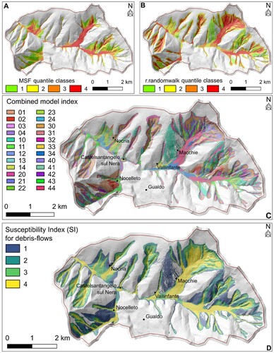 Figure 4. Maps produced to define debris-flow susceptibility. Reclassified output maps of the MSF (A) and r.randomwalk (B) models. Index derived by combining the outputs of the models in A and B (C). Map of the Susceptibility Index for debris-flows (D). Grouping criteria are illustrated in Figure 5.