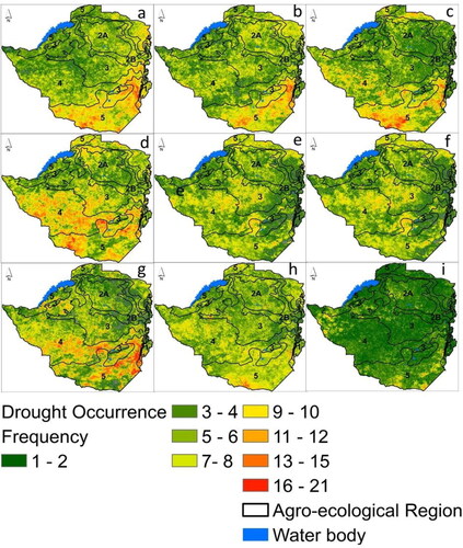 Figure 4. The spatial variation in the frequency of drought occurrence at the annual scale across Agro-ecological regions of Zimbabwe for the years a) 2010, b) 2011, c) 2012, d) 2013, e) 2014, f) 2015, g) 2016, h) 2017 and, i) 2018.