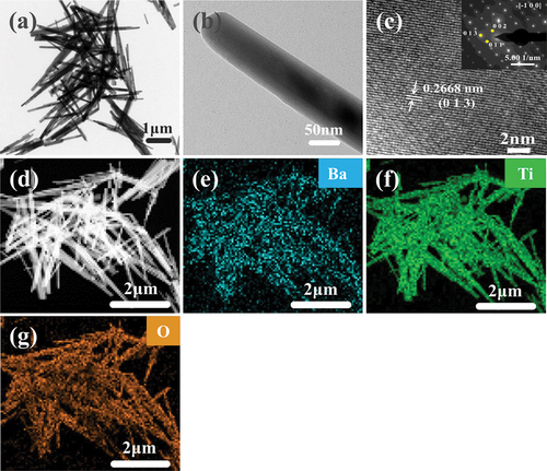 Figure 4. (a)–(c) HRTEM images (inset is the corresponding FFT image), and (d)–(g) corresponding EDX elemental mappings of β-BT2 nanorods synthesised in 0.5 M NaOH solution.