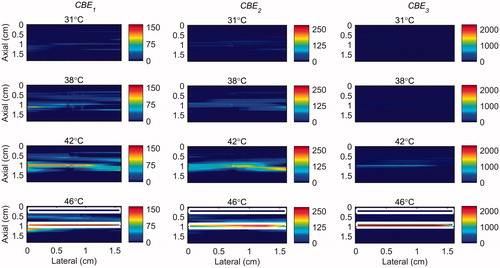 Figure 7. 2 D maps of CBE1 (left), CBE2 (middle), and CBE3 (right) in ex vivo bovine muscle tissue while the temperature was cooling down from 46 °C to 26 °C and no vibration was present in the tissue. The temperatures measured by the inserted thermocouple were 31, 38, 42 and 46 °C at the center of heated region. The color bars represent percentage change in backscattered energy. The horizontal rectangles are the regions of interest for calculating the CNR and SNR.