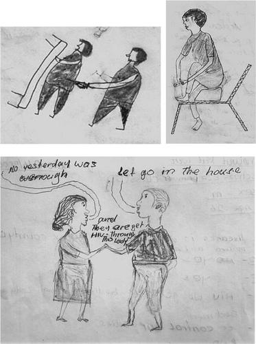Figure 9.  Drawings by secondary school students showing an injection, use of a razor blade, conversations about sex and sexual positions.